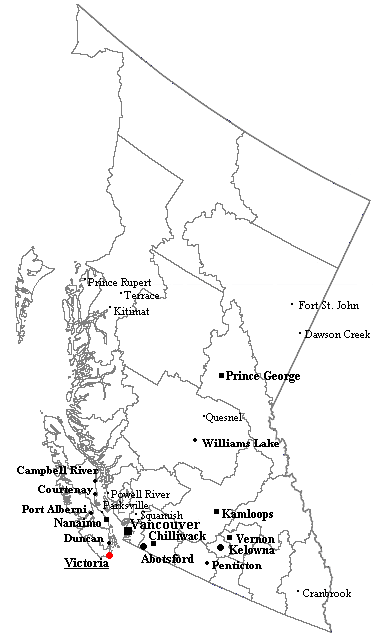Outline map of British Columbia with significant cities and towns