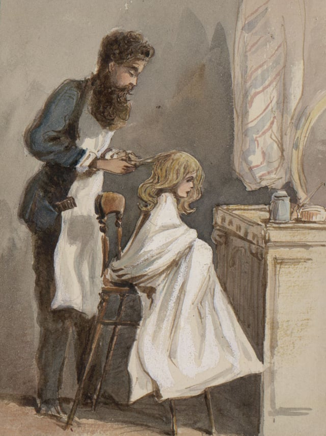 A hairdresser cutting a child's hair, March 26, 1866