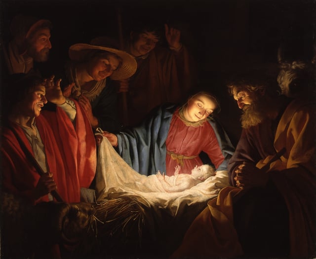 Adoration of the Shepherds (1622) by Gerard van Honthorst depicts the nativity of Jesus