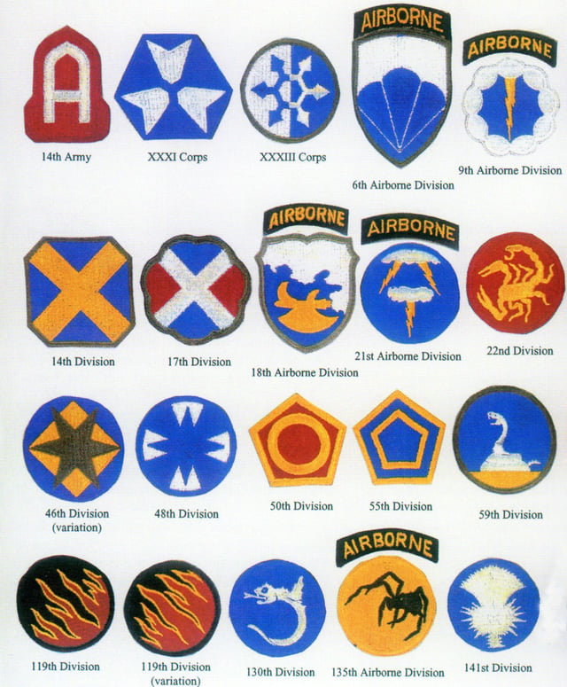Shoulder patches were designed for units of the fictitious First United States Army Group under George Patton