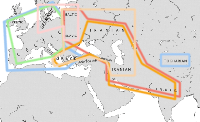 Some significant isoglosses in Indo-European daughter languages at around 500 BC.   Blue: centum languages   Red: satem languages   Orange: languages with augment   Green: languages with PIE *-tt- > -ss-   Tan: languages with PIE *-tt- > -st-   Pink: languages with instrumental, dative and ablative plural endings (and some others) in *-m- rather than *-bh-