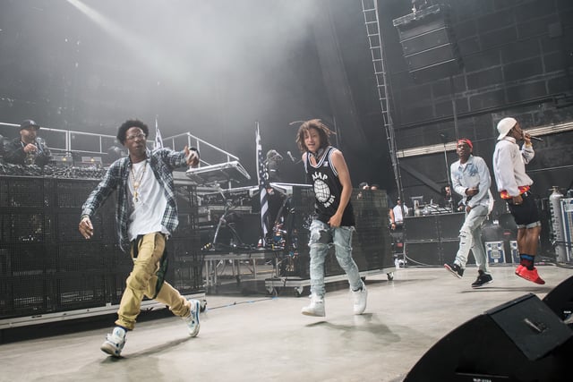 Members of ASAP Mob with Joey Badass (left) at the Under the Influence Tour in Toronto, Canada on 10 August 2013