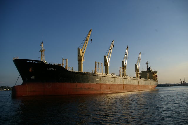 M V Leyden freighter in the harbor