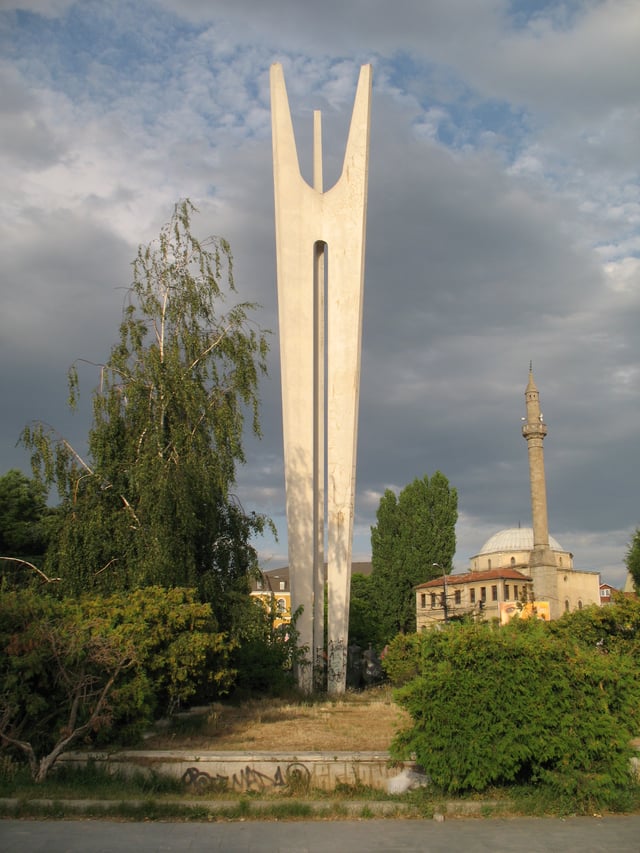 The Monument of Brotherhood and Unity in the centre. Brotherhood and unity was a popular slogan of the Communist Party of Yugoslavia.