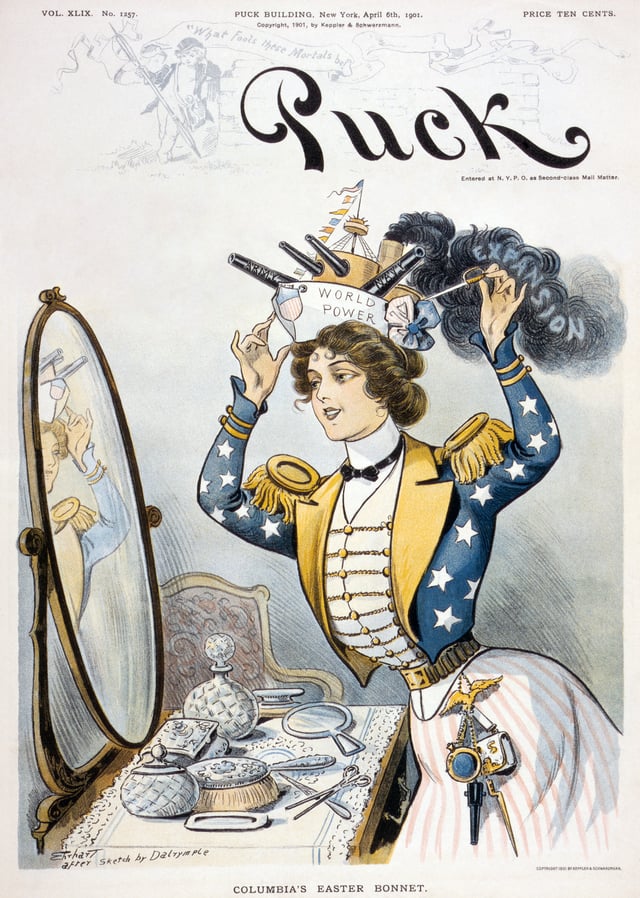 Columbia, personification of the United States, wearing a warship bearing the words "World Power" as her "Easter bonnet" on the cover of Puck, 6 April 1901