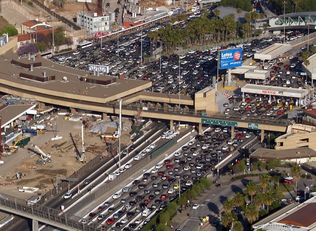 Aerial view of the San Ysidro border crossing on the Mexican border, marking where I-5 continues south at Mexico Federal Highway 1.