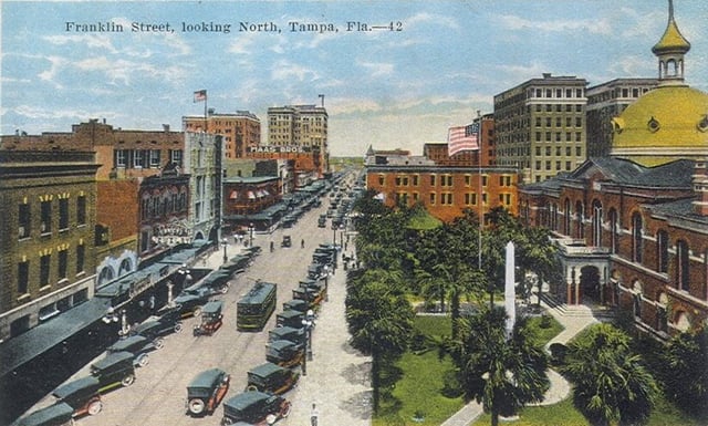 Franklin Street, looking north past the old Hillsborough County Courthouse, Tampa c. 1910s–1920s