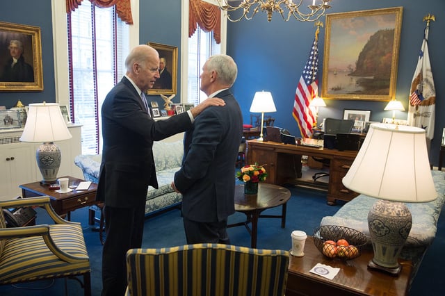 Vice President-elect Pence meets with Vice President Joe Biden at the White House on November 10, 2016.
