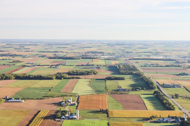 Aerial view of farms in Waterloo. A significant portion of the land in Southern Ontario is used as farmland.