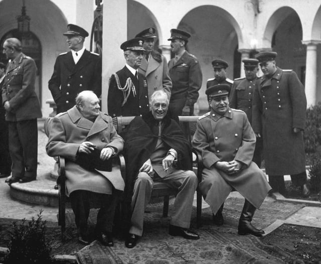 British Prime Minister Winston Churchill, US President Franklin D. Roosevelt, and Soviet general secretary Joseph Stalin at the Yalta Conference, February 1945