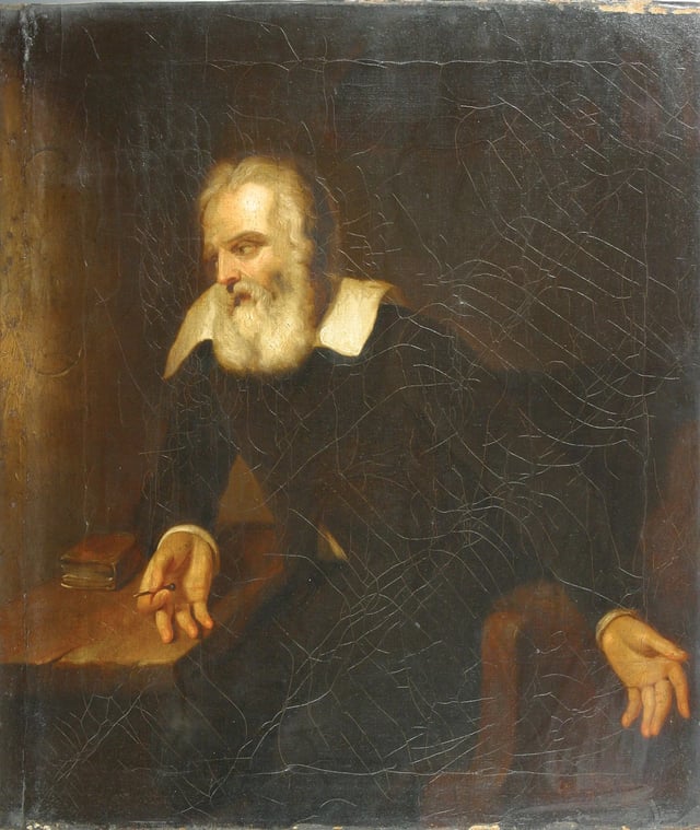 Portrait, attributed to Murillo, of Galileo gazing at the words "E pur si muove" (And yet it moves) (not legible in this image) scratched on the wall of his prison cell
