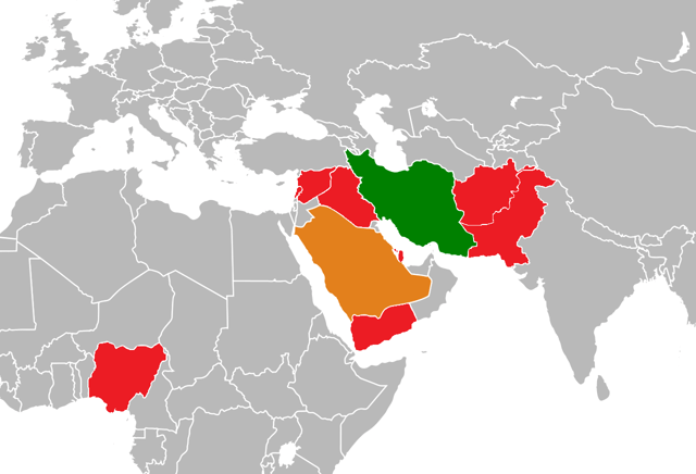 Major Iran–Saudi Arabia proxy conflict locations