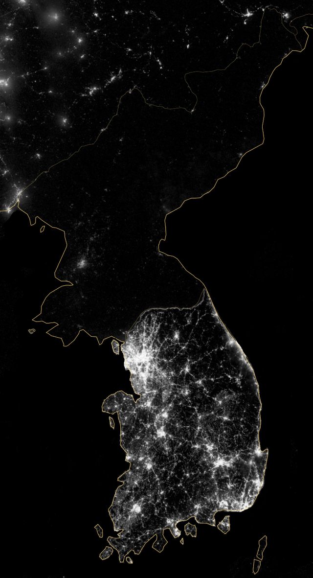 The Korean Peninsula at night, shown in a 2012 composite photograph from NASA