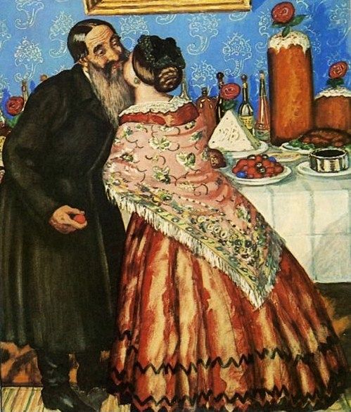 Boris Kustodiev's Pascha Greetings (1912) shows traditional Russian khristosovanie (exchanging a triple kiss), with such foods as red eggs, kulich and paskha in the background.