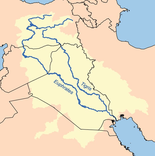 Map showing the rivers in the Middle East known in English as the Tigris and Euphrates.