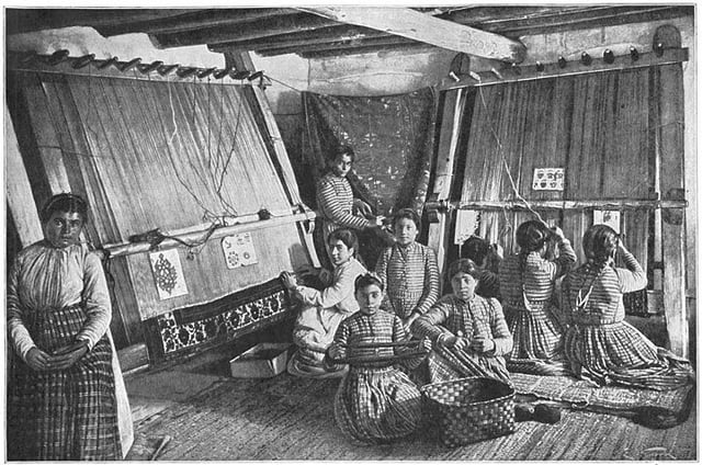 Armenian girls, weaving carpets in Van, 1907, Ottoman Empire