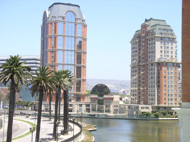 High-rise buildings by the shore.