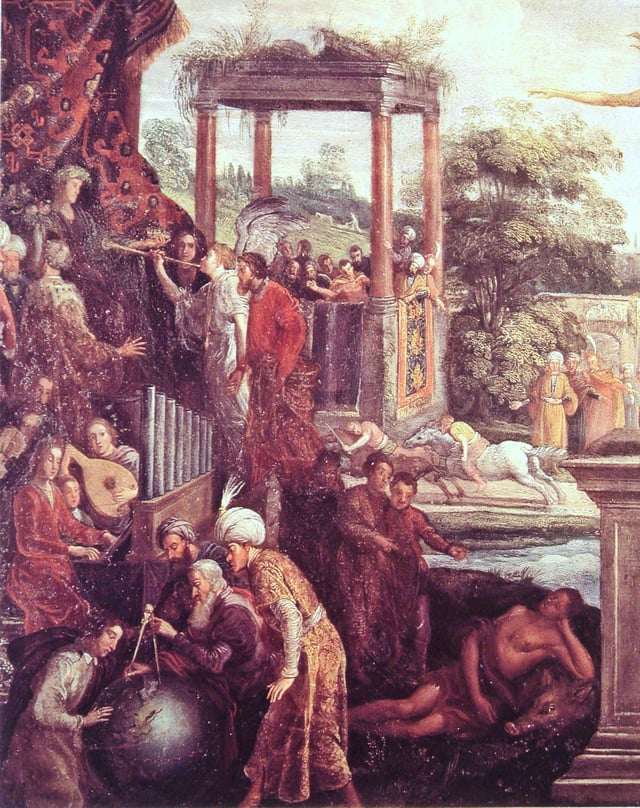 Abbas I as a new Caesar being honoured by the Trumpets of Fame, together with the 1609–1615 Persian embassy, in Allégorie de l'Occasion, by Frans II Francken, 1628