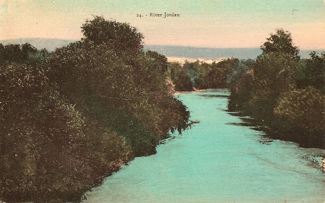 Coloured postcard of the Jordan River, by Karimeh Abbud, circa 1925