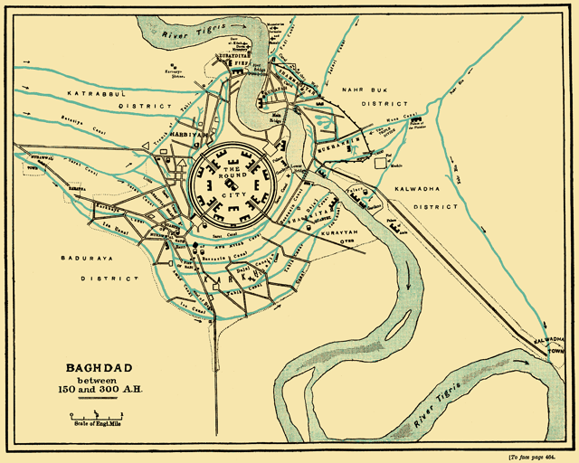 The city of Baghdad between 767 and 912 AD. The round plan reflects pre-Islamic Persian urban design.