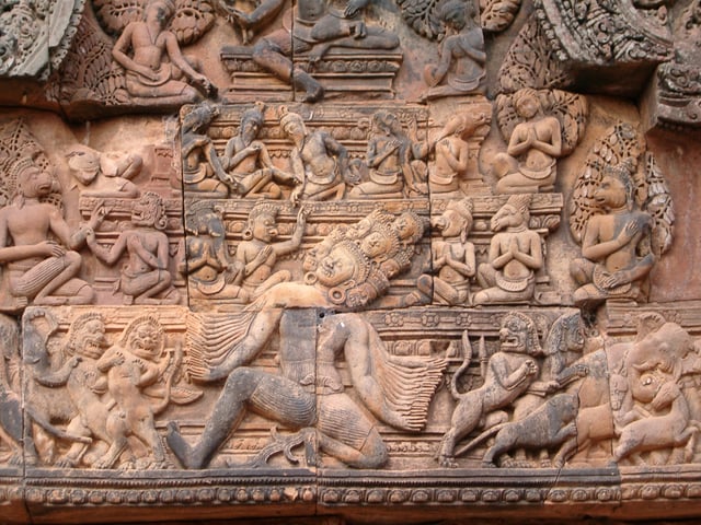 Low relief, Banteay Srei, Cambodia; Ravana shaking Mount Kailasa, the Abode of Siva