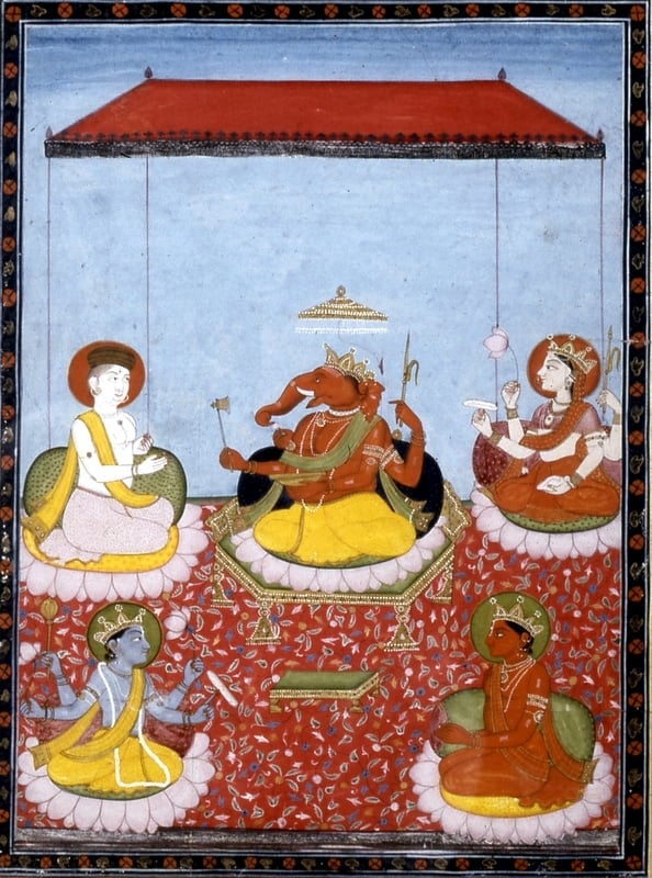 A Ganesha-centric Panchayatana: Ganesha (centre) with Shiva (top left), Devi (top right), Vishnu (bottom left) and Surya (bottom right).