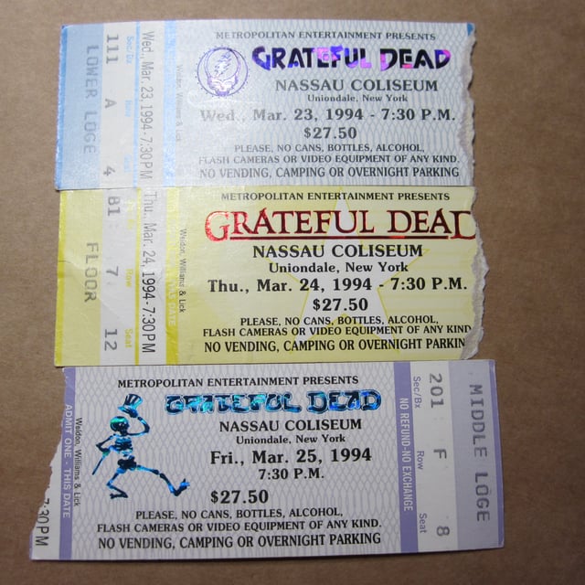 Mail-ordered Grateful Dead concert tickets for their spring 1994 Nassau Coliseum run of shows