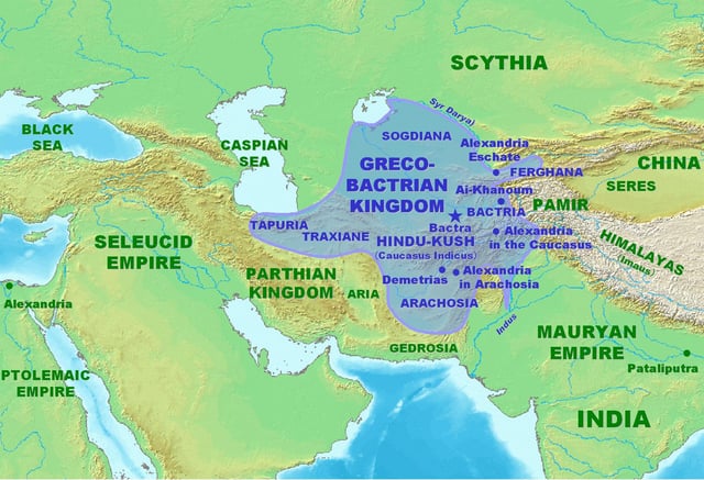 그리스-박트리아 왕국 의 최대 판도. 기원전 180년경.