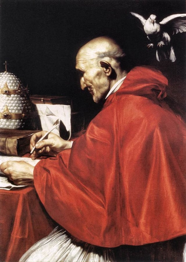 Gregory the Great (c 540–604) who established medieval themes in the Church, in a painting by Carlo Saraceni, c. 1610, Rome.