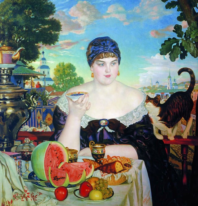 The Merchant's Wife by Boris Kustodiev, showcasing the Russian tea culture