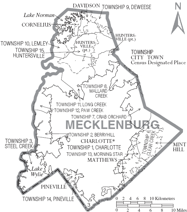 Map of Mecklenburg County, North Carolina With Municipal and Township Labels