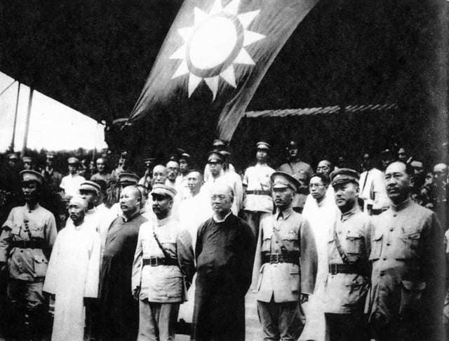 From left to right, KMT members pay tribute to the Sun Yat-sen Mausoleum in Beijing in 1928 after the success of the Northern Expedition: Generals Cheng Jin, Zhang Zuobao, Chen Diaoyuan, Chiang Kai-shek, Woo Tsin-hang, Yan Xishan, General Ma Fuxiang, Ma Sida and General Bai Chongxi