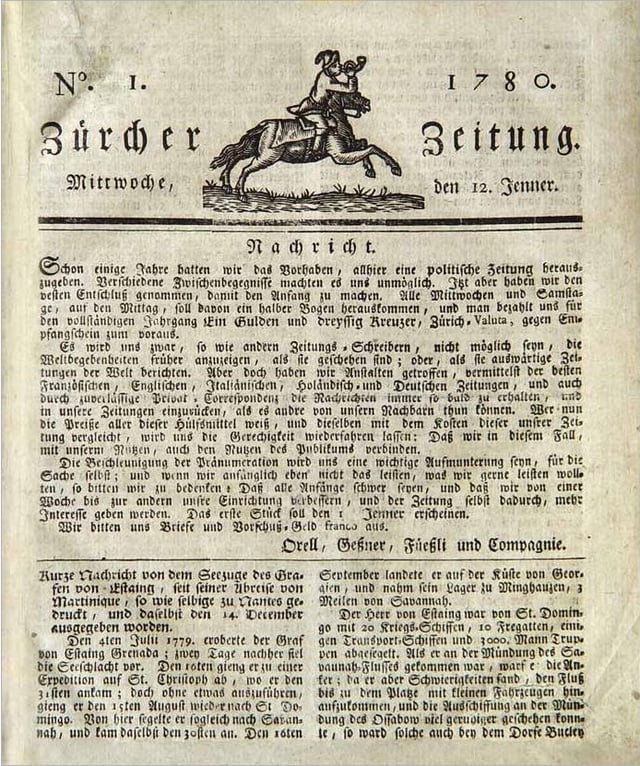 Zürcher Zeitung, no. 1 (1780).