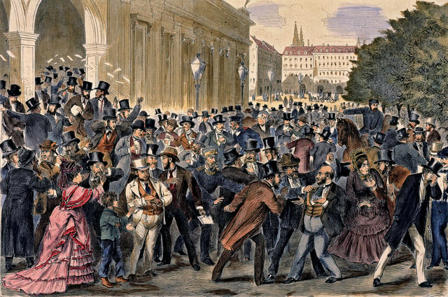 Black Friday, 9 May 1873, Vienna Stock Exchange. The Panic of 1873 and Long Depression followed.