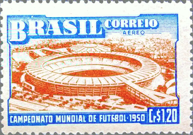 Postage stamp featuring the Maracanã, commemorating the 1950 FIFA World Cup.