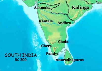 South India in BC 300, showing the Chera, Pandya and Chola Kingdoms