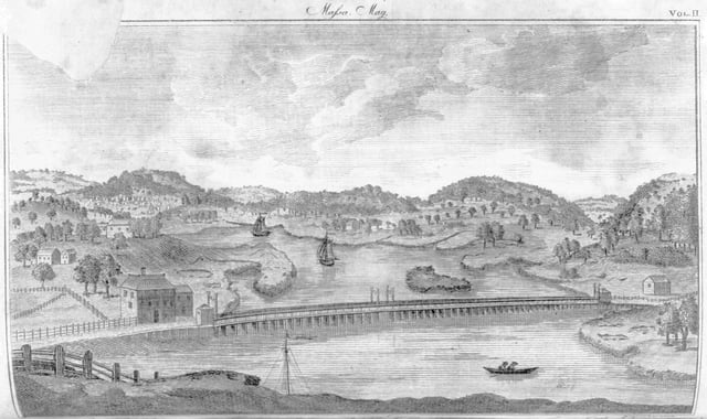1790 bird's-eye view from Bunker Hill of the "Malden Bridge" across the Mystic River, with Medford in the background.
