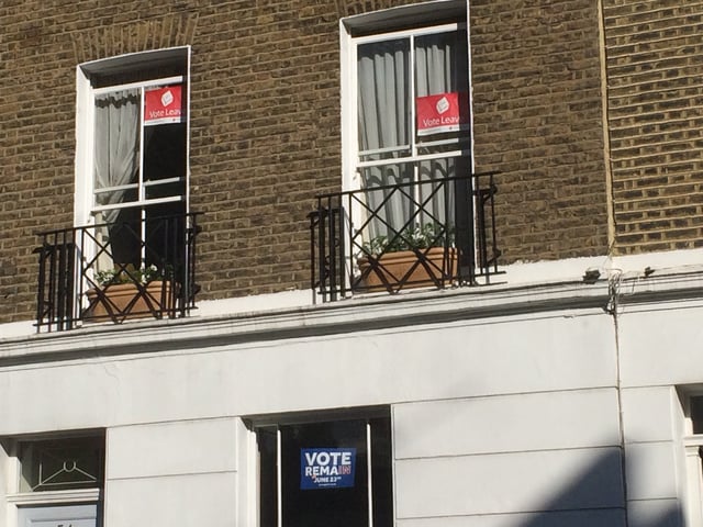 Referendum posters for both the Leave and Remain campaigns in Pimlico, London