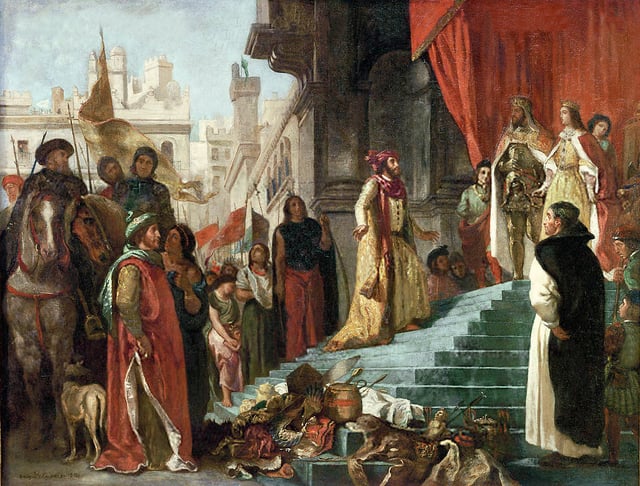 The return of Christopher Columbus; his audience before King Ferdinand and Queen Isabella, painting by Eugène Delacroix