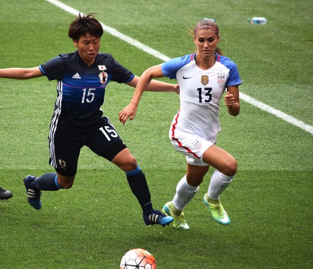 Morgan being challenged by Hikari Takagi (15) during a match against Japan in Cleveland on June 5, 2016.