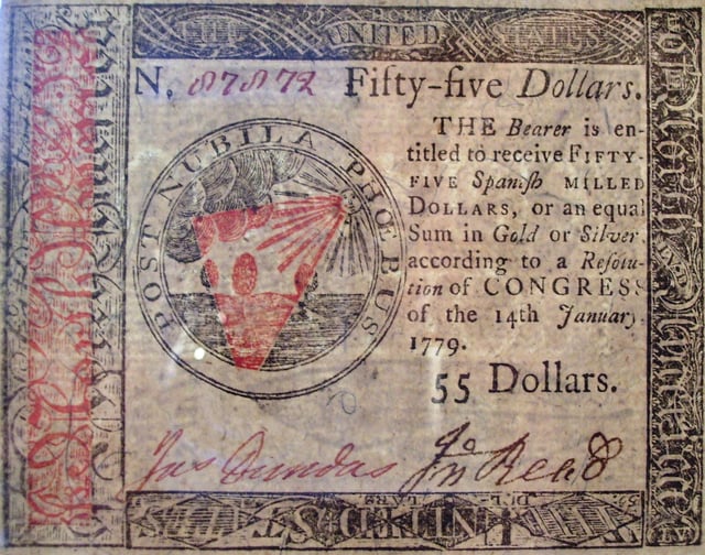 Fifty-five dollar bill in Continental currency; leaf design by Benjamin Franklin, 1779