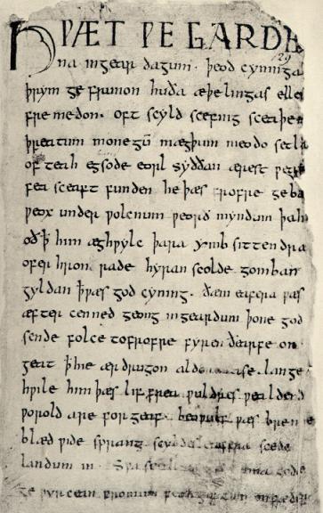 The first page of the Beowulf manuscript with its openingHƿæt ƿē Gārde/na ingēar dagum þēod cyninga / þrym ge frunon..."Listen! We of the Spear-Danes from days of yore have heard of the glory of the folk-kings..."