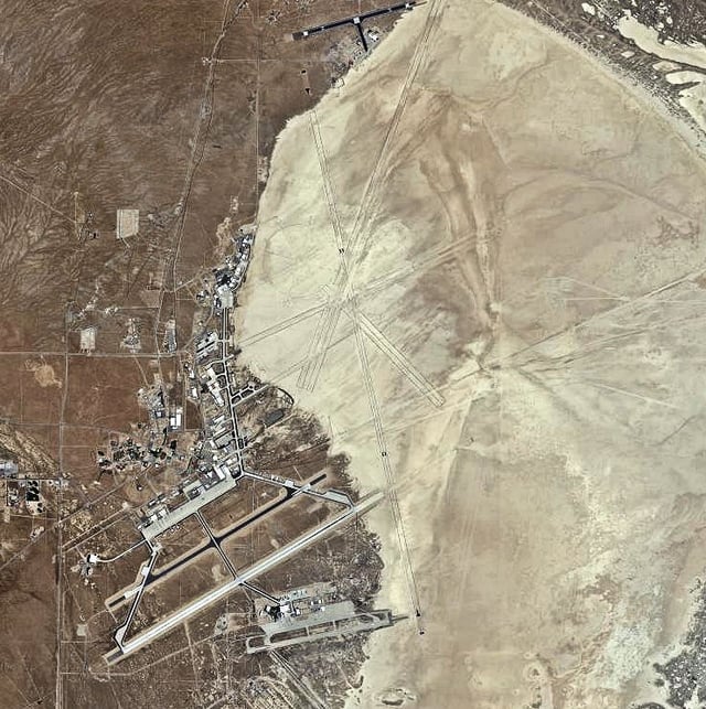 Rogers Dry Lake with Edwards AFB and Auxiliary Base South in the bottom left and Auxiliary Base North at the top of the image.