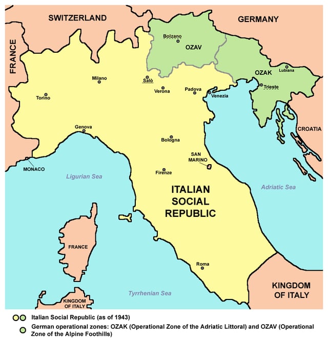Italian Social Republic (RSI) as of 1943 in yellow and green.