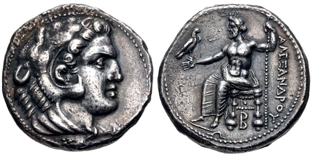 A contemporary depiction of Alexander the Great by close aides: this coin was struck by Balakros or his successor Menes, both former somatophylakes (bodyguards) of Alexander, when they held the position of satrap of Cilicia in the lifetime of Alexander, circa 333-327 BC. The reverse shows a seated Zeus Aëtophoros.
