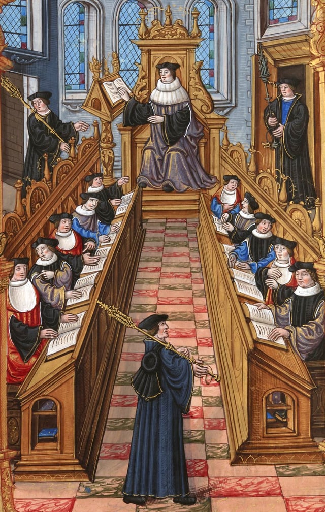 Meeting of doctors at the University of Paris. From a 16th-century miniature.