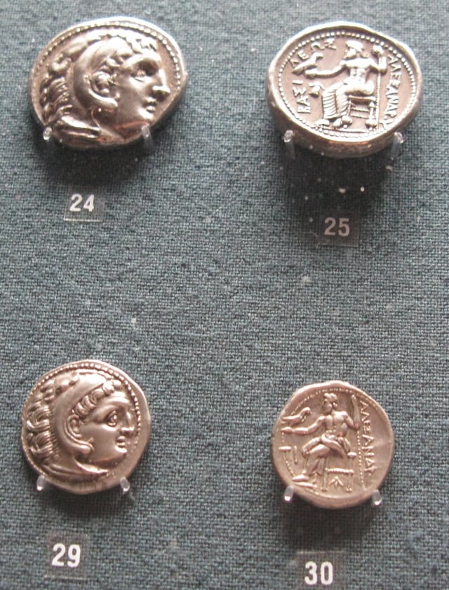 Tetradrachms (above) and drachms (below) issued during the reign of Alexander the Great, now in the Numismatic Museum of Athens