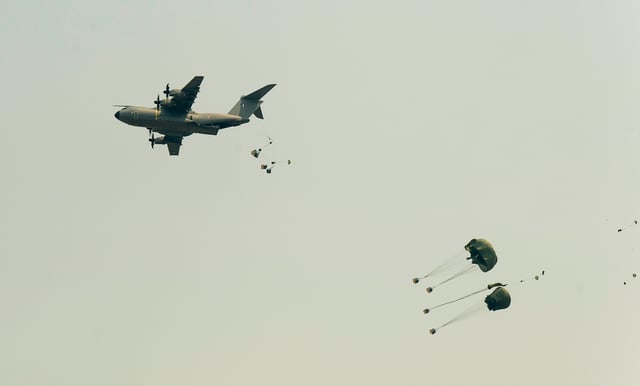 A French A400M performs airdrops during Exercise Mobility Guardian 2017.