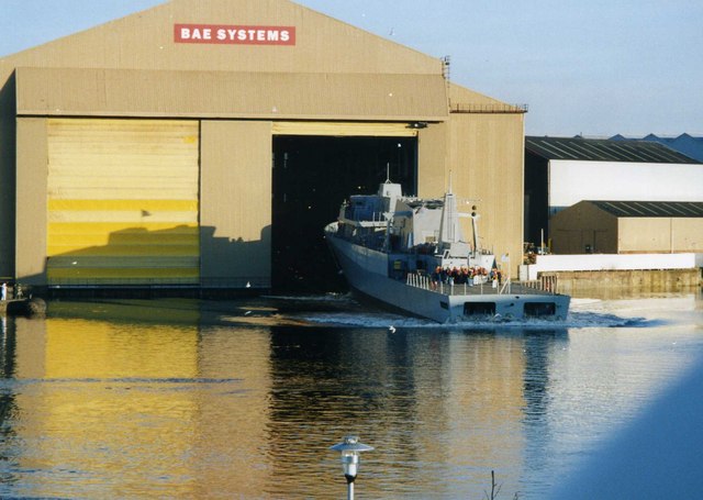 Launch of a Nakhoda Ragam-class corvette from the covered berths at BAE's Scotstoun Shipyard in Glasgow.