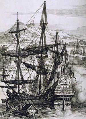 Spanish galleon, the mainstay of transatlantic and transpacific shipping, engraving by Albert Durer